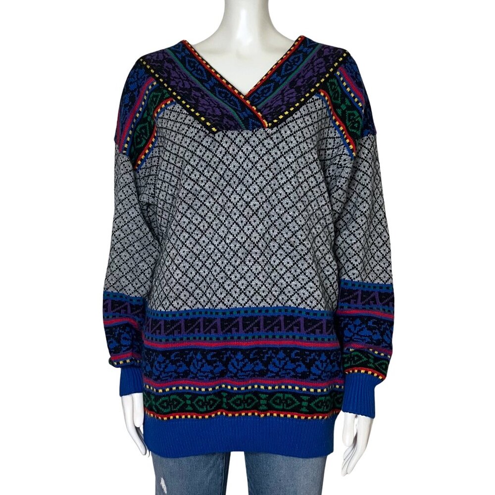 Vintage 90s European Colorful Boho Retro Art Sweater Wool Blend V Neck Medium